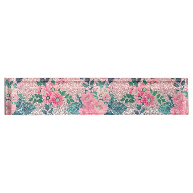 Girly Floral & Pink Silver Ombre Glitter Design Nameplate (Front)