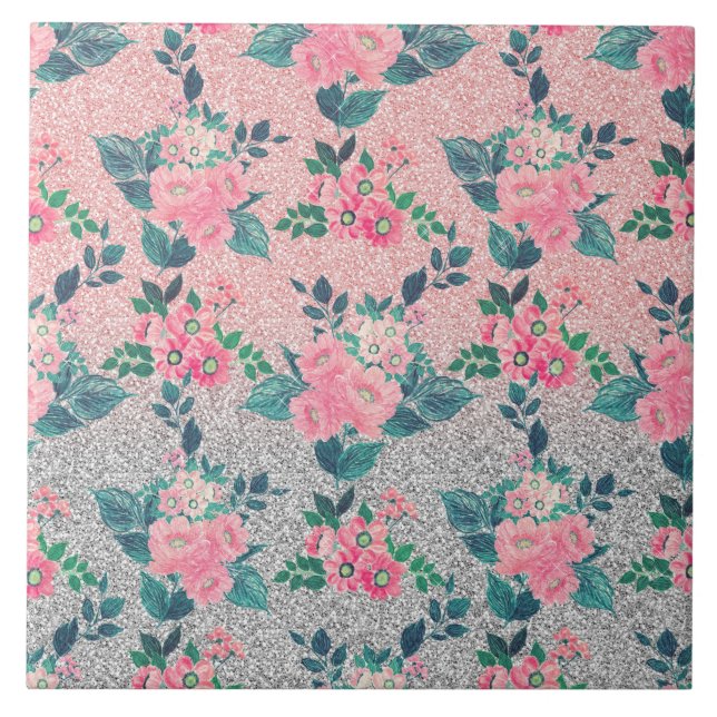 Girly Floral & Pink Silver Ombre Glitter Design Tile (Front)