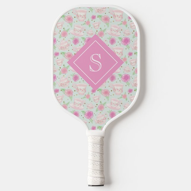 Girly Floral Pink Tea Cups Pattern Personalised Pickleball Paddle (Front)
