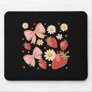 Girly Floral Strawberry Summer Fruit Coquette Bow Mouse Mat