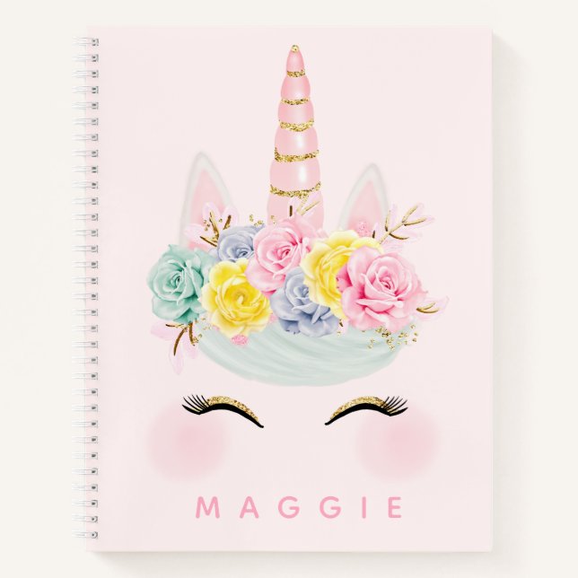 Girly Floral Unicorn Pink Gold Personalised Bujo Notebook (Front)