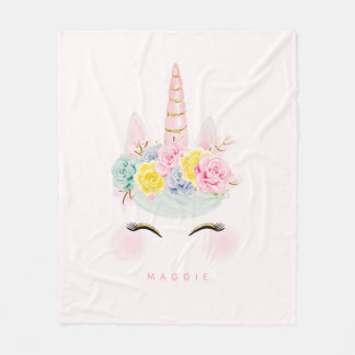 Girly Floral Unicorn Pink Gold Personalised Fleece Blanket
