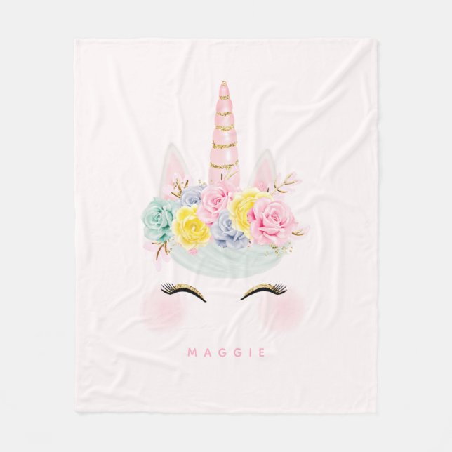 Girly Floral Unicorn Pink Gold Personalised Fleece Blanket (Front)