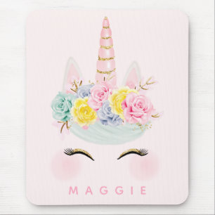 Girly Floral Unicorn Pink Gold Personalised Mouse Mat