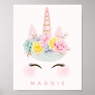 Girly Floral Unicorn Pink Gold Personalised Poster
