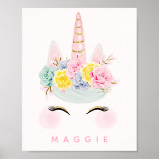 Girly Floral Unicorn Pink Gold Personalised Poster