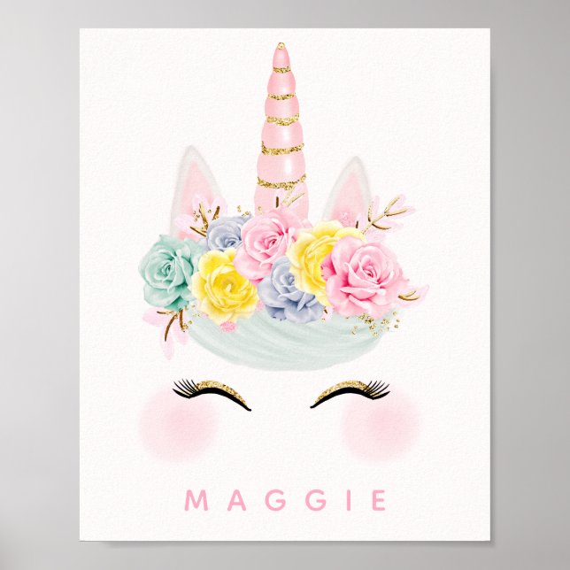 Girly Floral Unicorn Pink Gold Personalised Poster (Front)