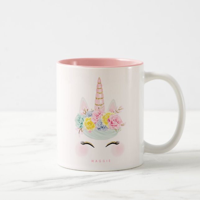 Girly Floral Unicorn Pink Gold Personalised Two-Tone Coffee Mug (Right)