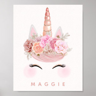 Girly Floral Unicorn Rose Gold Personalised Poster