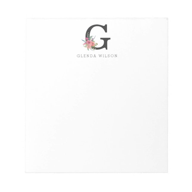 Girly Floral Watercolor Boho Pink Rose Monogram Notepad (Front)