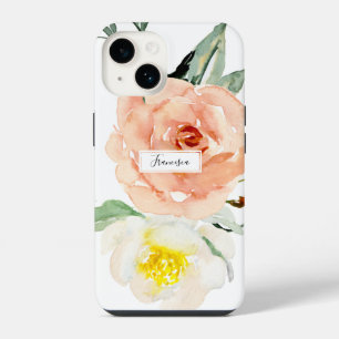 Girly Floral Watercolor Coral Flowers Monogram iPhone 14 Case