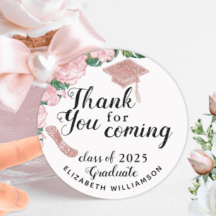 Girly Floral White and Pink Graduation Thank You Classic Round Sticker