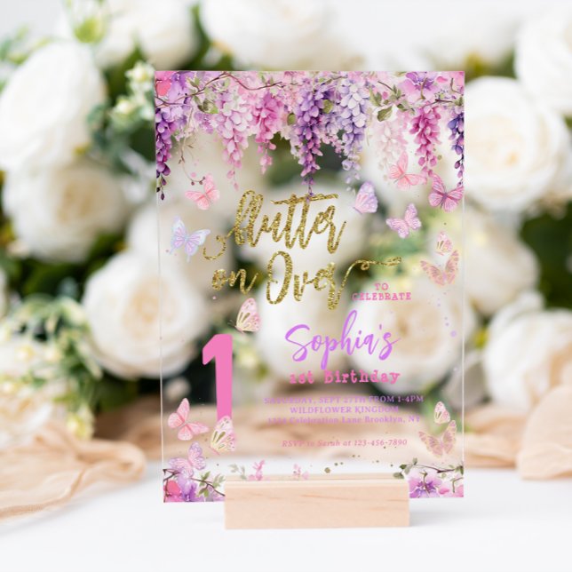 Girly Floral Wisteria Gold Butterfly Kids Birthday Acrylic Invitations (Creator Uploaded)