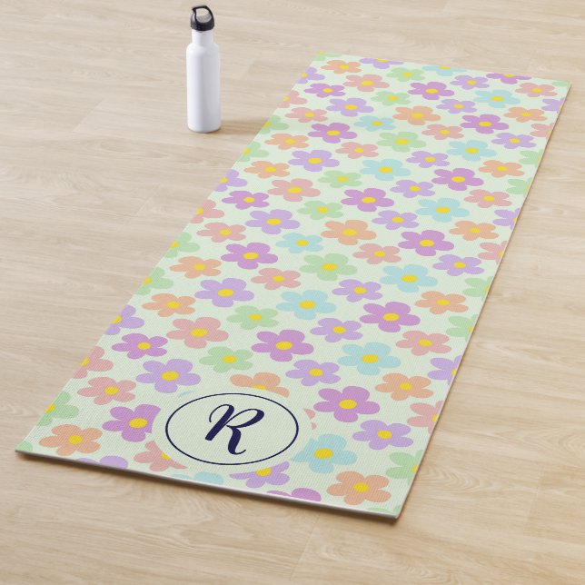 Girly Floral With Retro Daisy Flowers Green Gym Yoga Mat (In Situ)