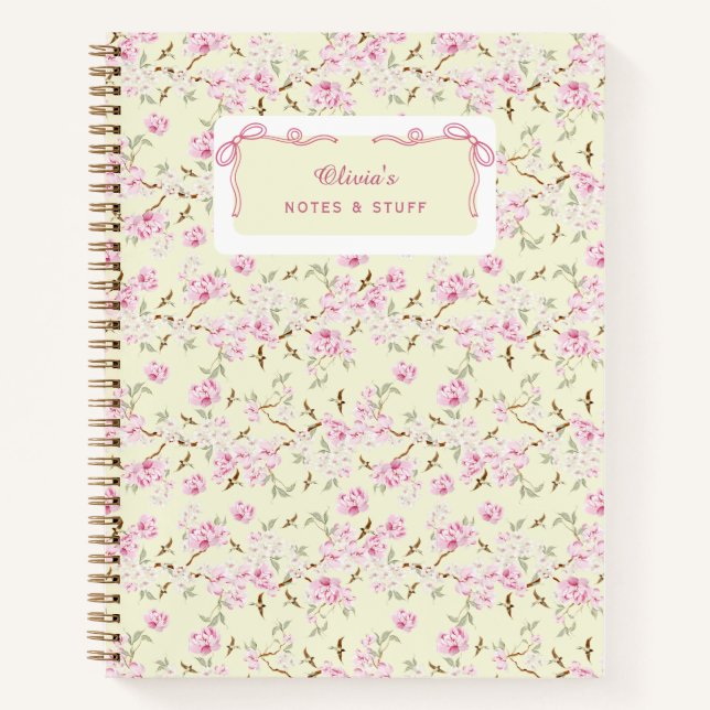 Girly Floral Yellow Pink Bow Coquette Custom Notebook (Front)