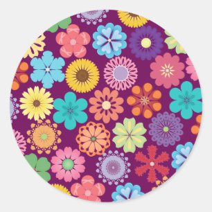 Girly Flower Power Colourful Floral Purple Pattern Classic Round Sticker