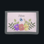 Girly Flowers and Butterfly Pastel Pink Name Trifold Wallet<br><div class="desc">Pretty floral illustration on pastel pink personalised wallet (background colour can be changed)</div>