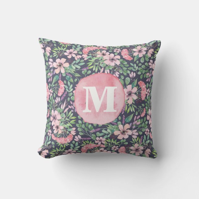 Girly Flowers Lilac pink blush green dark monogram Cushion (Front)