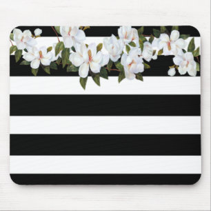 Girly  Flowers Magnolia, Stripes Mouse Mat