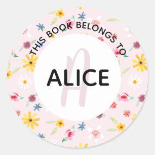 Girly Flowers Monogram and Name Bookplate Classic Round Sticker