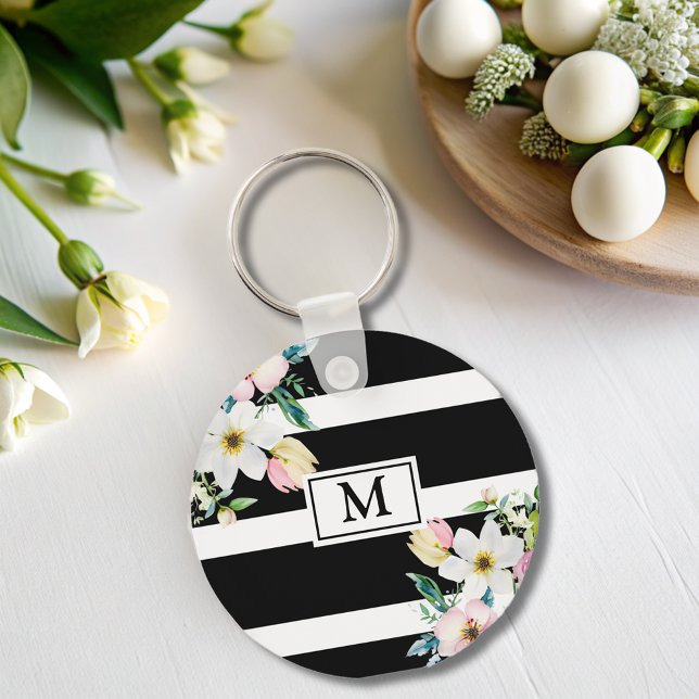 Girly flowers Monogram Black White Striped  Key Ring (Creator Uploaded)