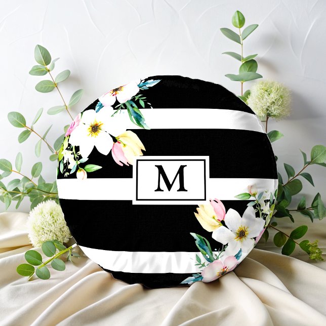 Girly flowers Monogram Black White Striped  Round Cushion (Creator Uploaded)