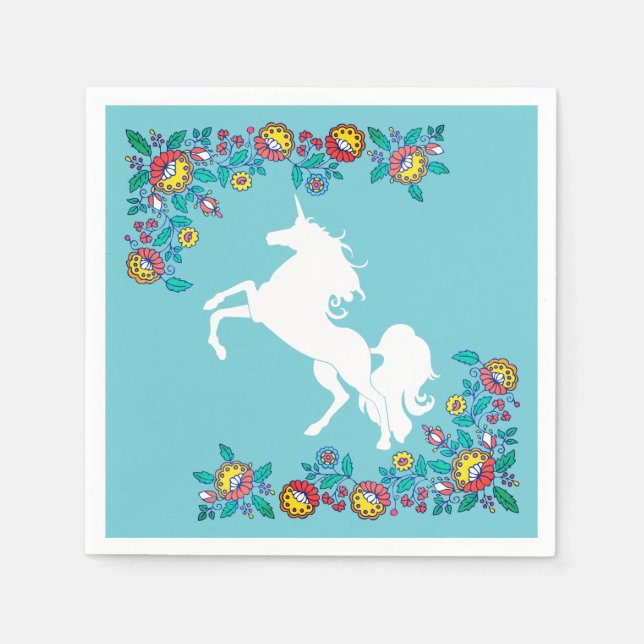 Girly Folk Flowers & White Unicorn Napkin (Front)