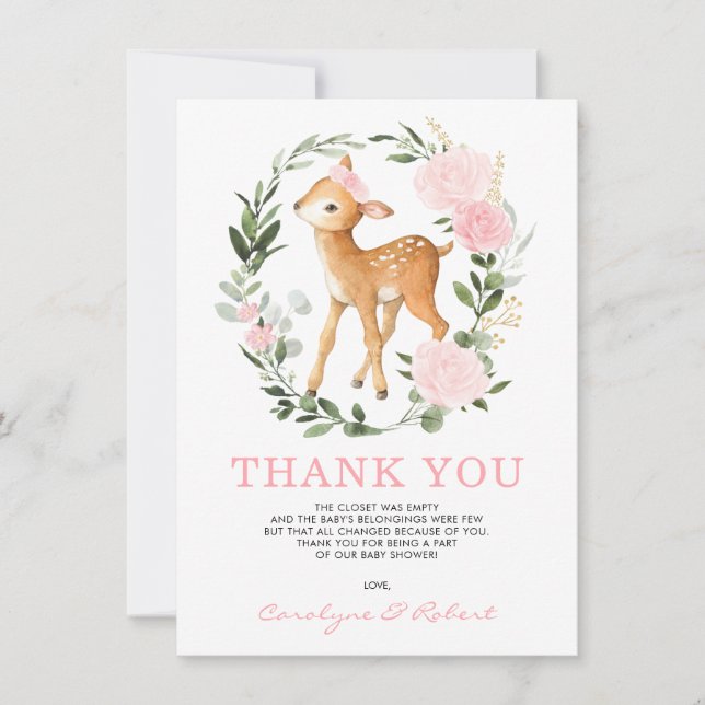 Girly Forest Deer Fawn Woodland Greenery Baby Thank You Card (Front)