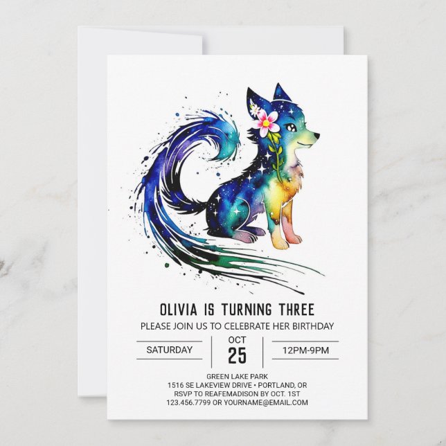 Girly Forest Wolf Digital Girl Birthday Invitation (Front)