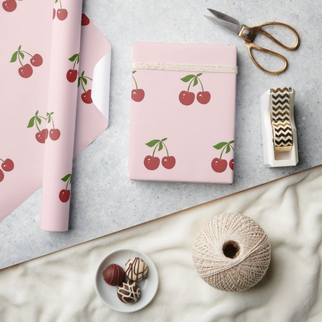 Girly Fruit Pattern Pastel Pink & Red Cherry  Wrapping Paper (Crafts)