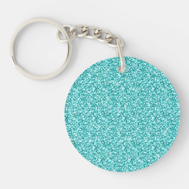 Girly, Fun Aqua Blue Glitter Printed Key Ring (Front)
