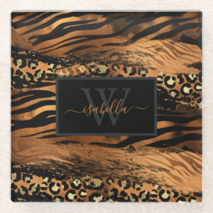 Girly Fun Modern Copper Glitter Script Monogram Glass Coaster