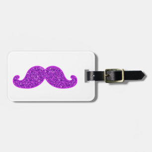 Girly fun retro moustache purple glitter luggage tag