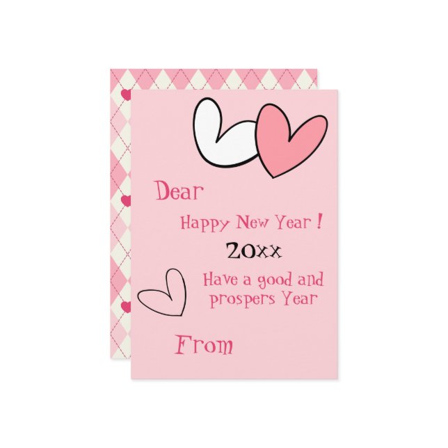 Girly Fun Simple New Year Greeting Pink Heart Card (Front/Back In Situ)