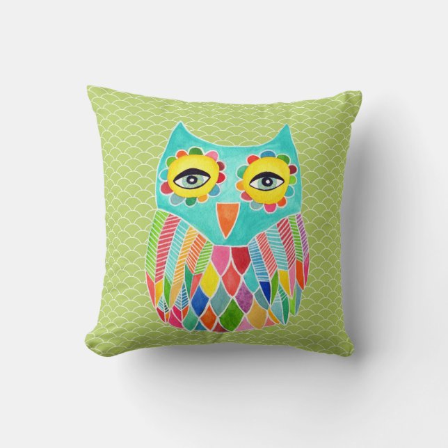 Girly Funky Modern Lime Green Owl Art Cushion (Front)