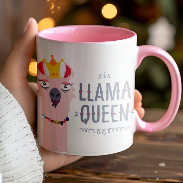 Girly Funny Llama Queen Illustration Mug (Be a llama queen not a drama queen with this ultra quirky and hilarious mug.)