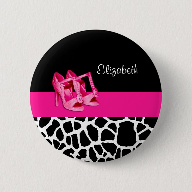 Girly Giraffe Print Cute Pink Pumps Shoes and Name 6 Cm Round Badge (Front)