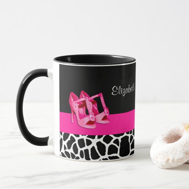 Girly Giraffe Print Cute Pink Pumps Shoes and Name Mug (With Donut)