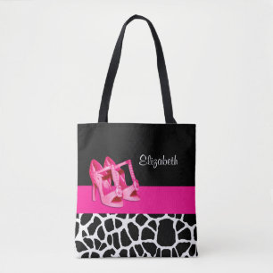 Girly Giraffe Print Cute Pink Pumps Shoes and Name Tote Bag