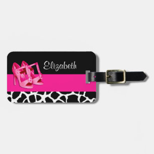 Girly Giraffe Print Cute Pink Shoes With Name Luggage Tag