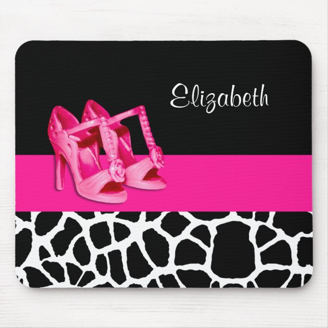 Girly Giraffe Print Cute Pink Shoes With Name Mouse Mat (Front)