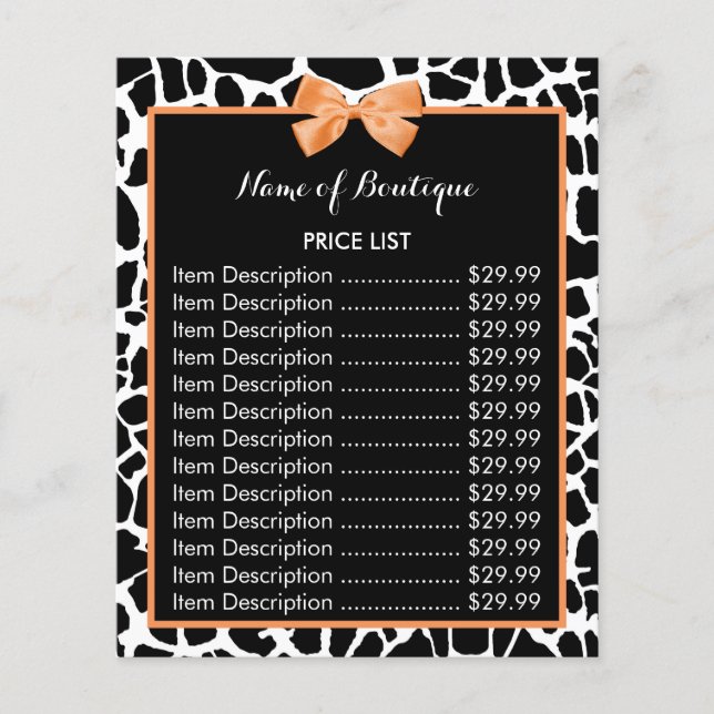Girly Giraffe Print Orange Bow Boutique Price List Flyer (Front)