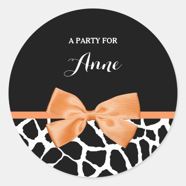 Girly Giraffe Print Orange Ribbon Bow With Name Classic Round Sticker (Front)