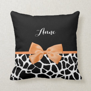 Girly Giraffe Print Orange Ribbon Bow With Name Cushion