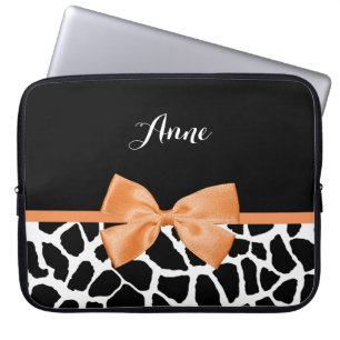 Girly Giraffe Print Orange Ribbon Bow With Name Laptop Sleeve