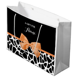 Girly Giraffe Print Orange Ribbon Bow With Name Large Gift Bag