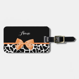 Girly Giraffe Print Orange Ribbon Bow With Name Luggage Tag