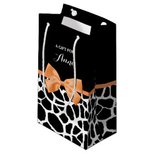 Girly Giraffe Print Orange Ribbon Bow With Name Small Gift Bag