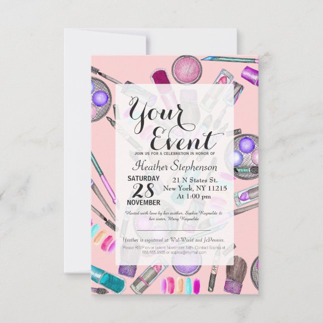 Girly Girl Hand Painted Watercolor Makeup on Pink Invitation (Front)