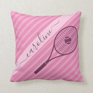 Girly Girl Pink Striped Tennis Racket & Ball Cute Cushion